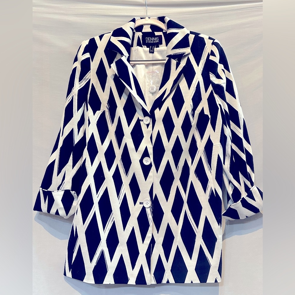 NWOT - Dennis by Dennis Basso Navy & White Diamond Pattern Blazer - Size 12